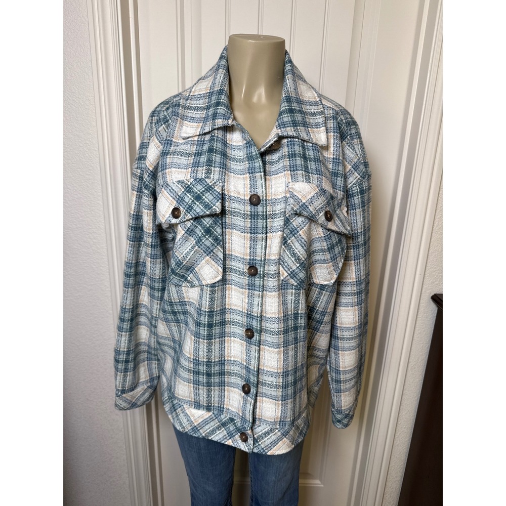BOSTON TRADERS Plaid Shirt‎ Jacket Oversized Blue Green Tan Women's Size L